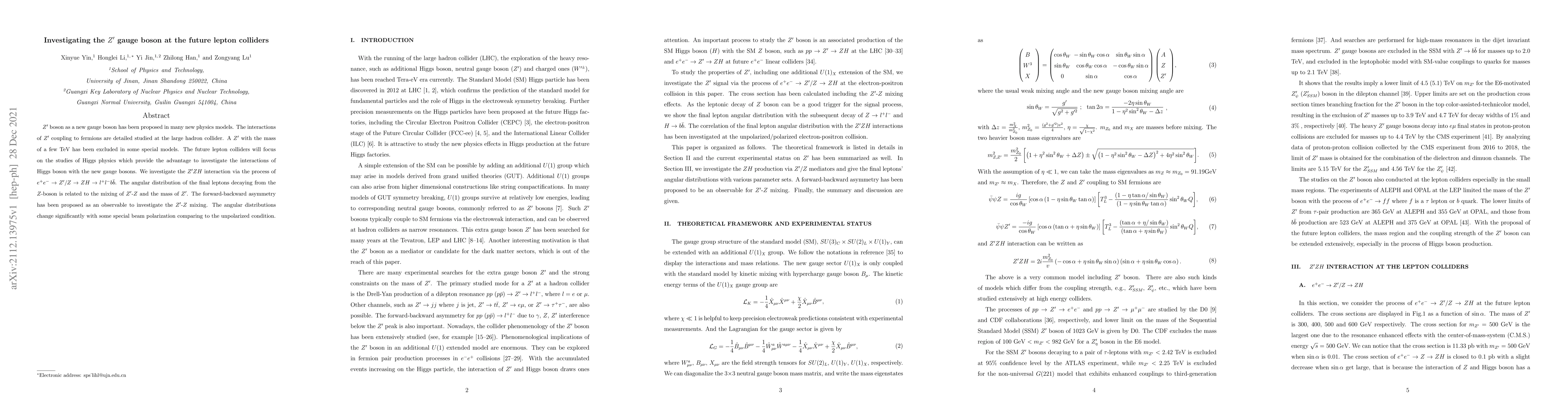 Thumbnail for Investigating the $Z^\prime$ gauge boson at the future lepton colliders