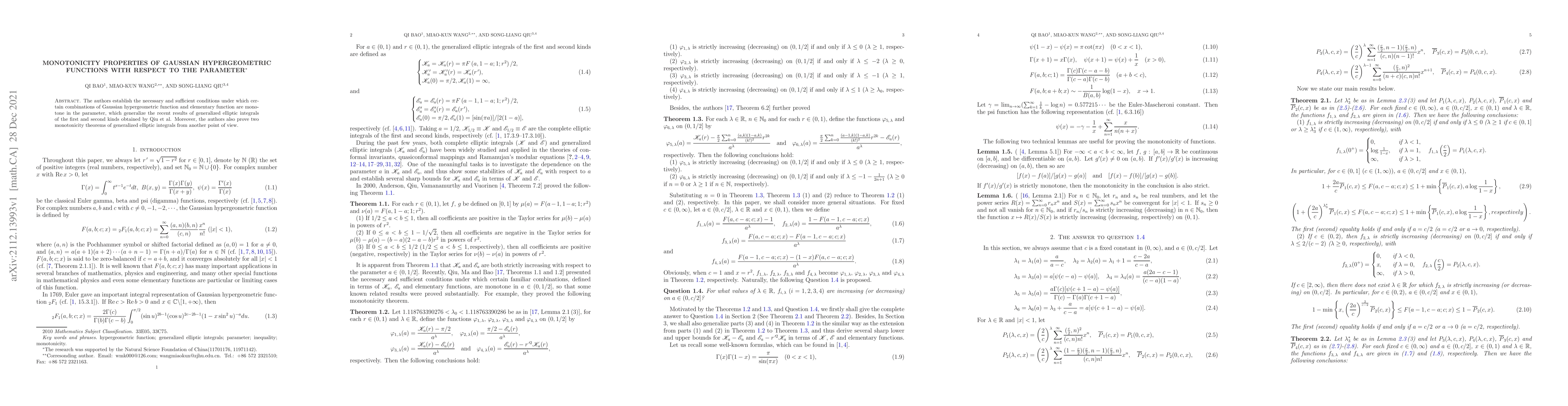 Thumbnail for Monotonicity Properties of Gaussian Hypergeometric Functions with
  Respect to the Parameter
