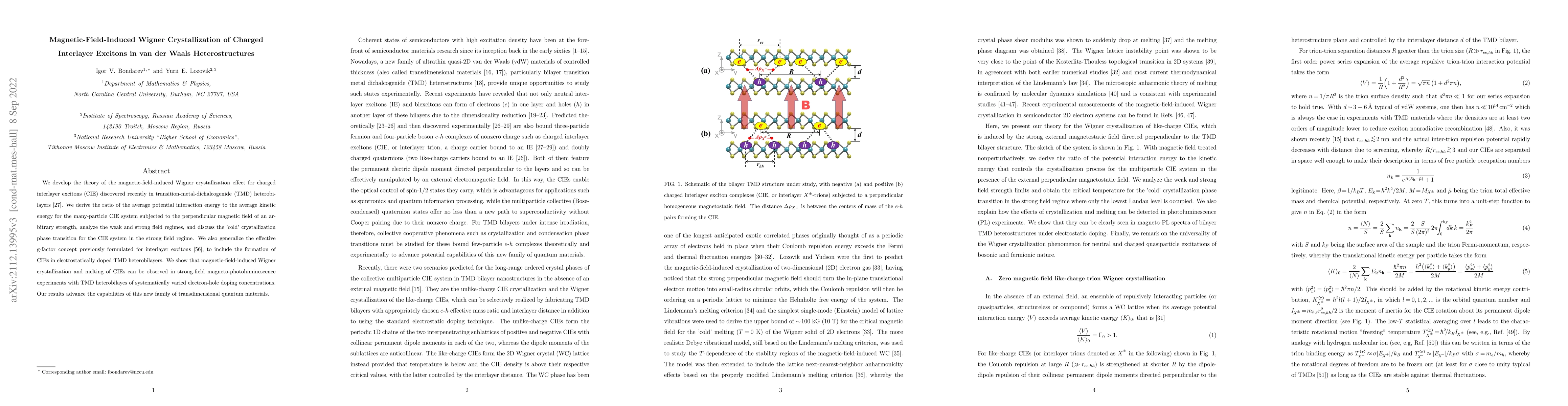 Thumbnail for Magnetic-Field-Induced Wigner Crystallization of Charged Interlayer
  Excitons in van der Waals Heterostructures