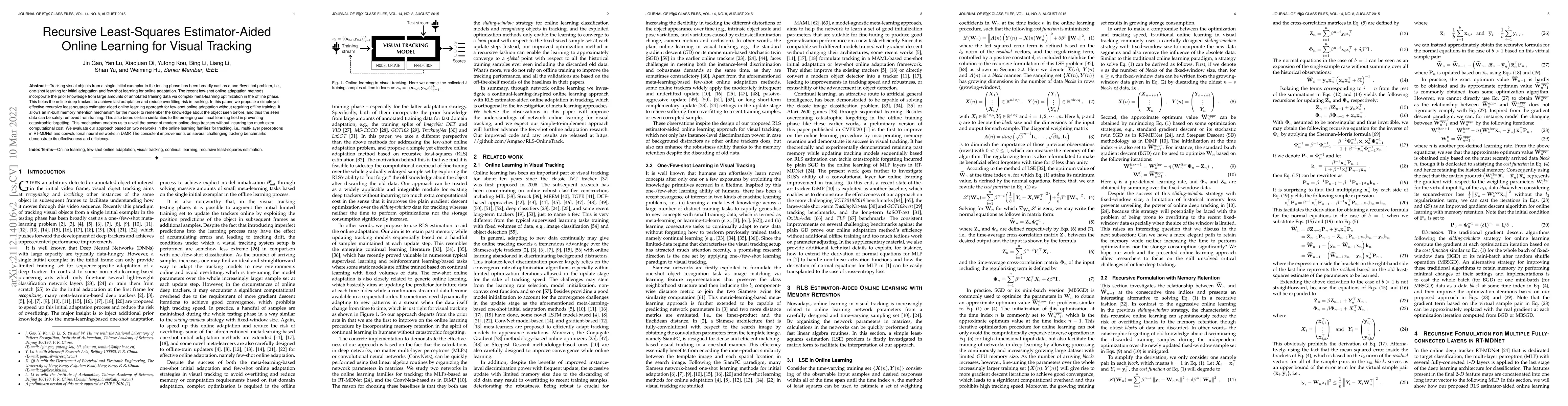 Thumbnail for Recursive Least-Squares Estimator-Aided Online Learning for Visual
  Tracking