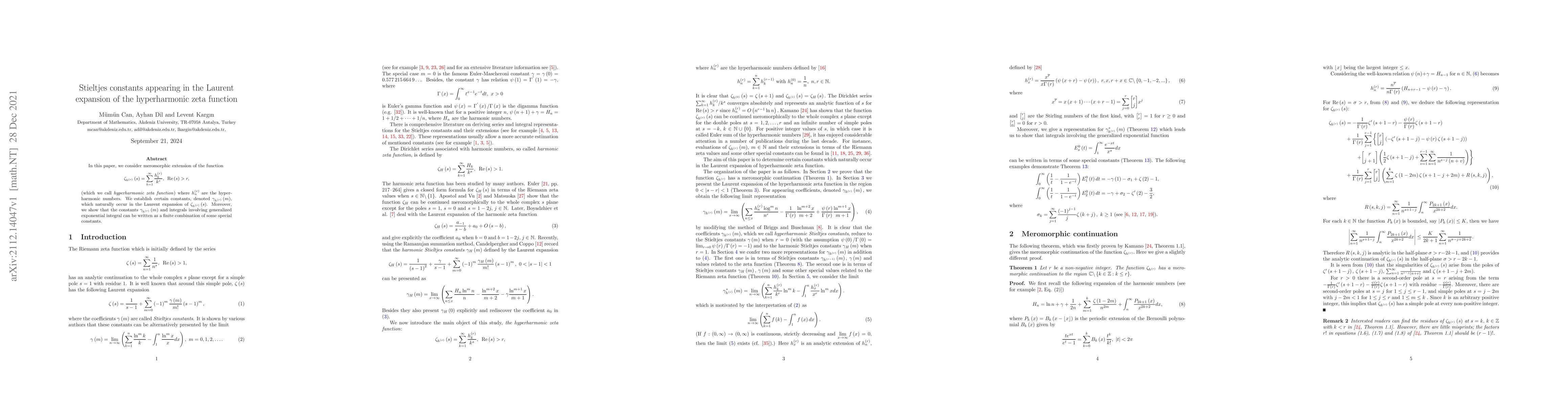 Thumbnail for Stieltjes constants appearing in the Laurent expansion of the
  hyperharmonic zeta function