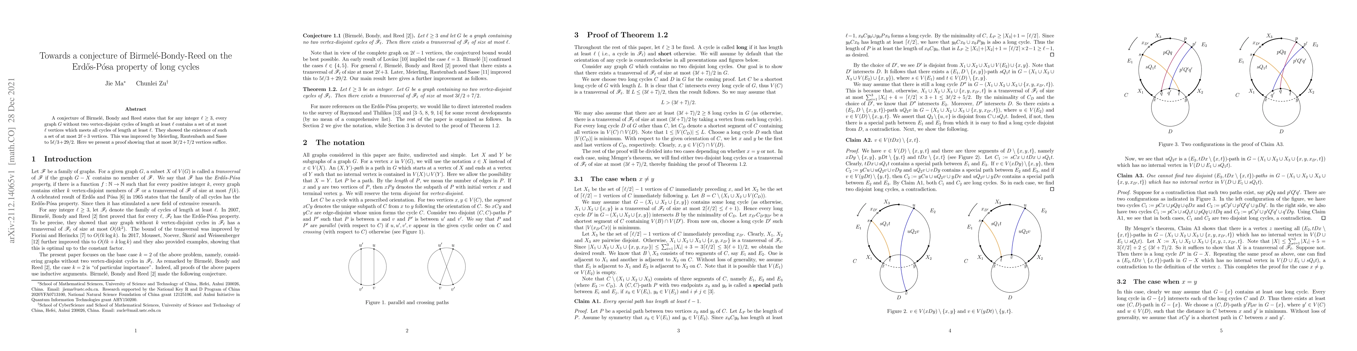 Thumbnail for Towards a conjecture of Birmel\'e-Bondy-Reed on the Erd\H{o}s-P\'osa
  property of long cycles