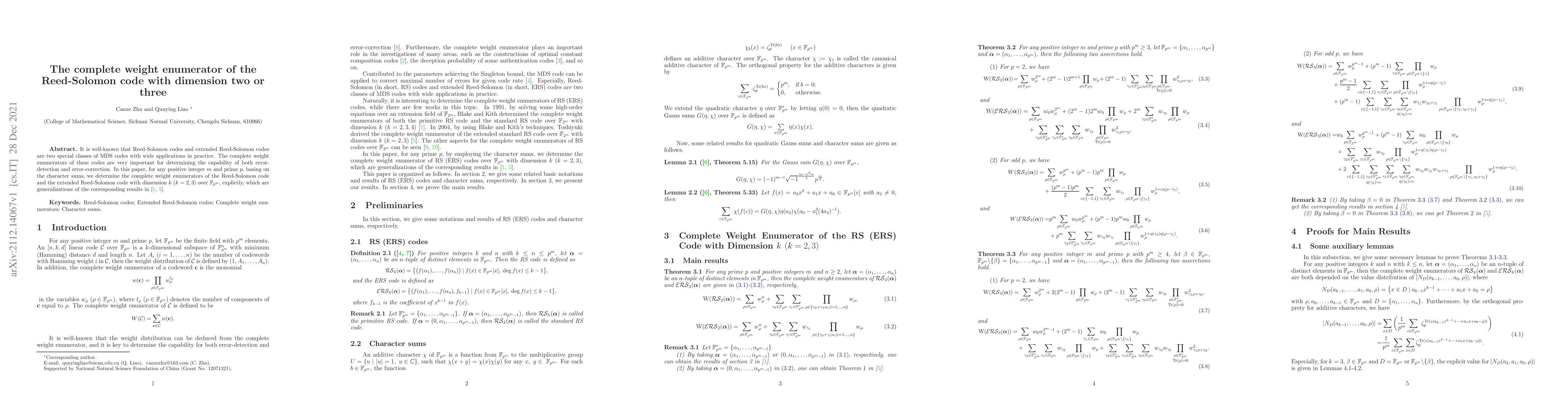 Thumbnail for The complete weight enumerator of the Reed-Solomon code with dimension
  two or three