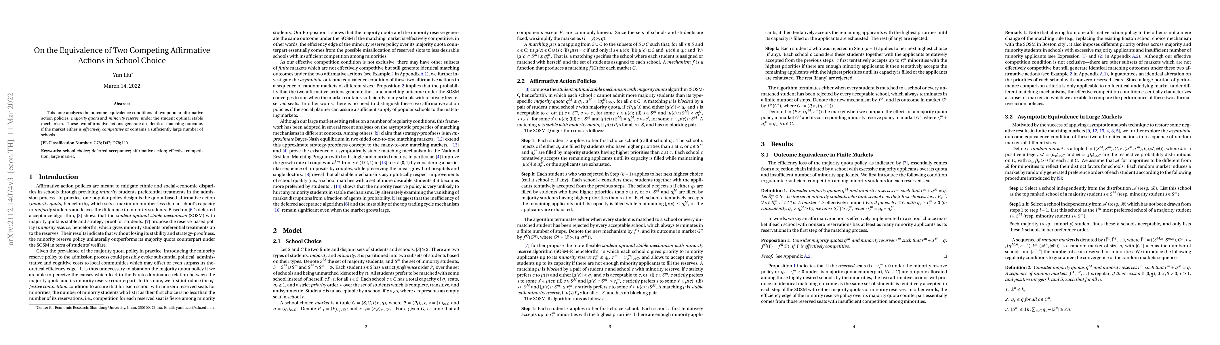 Thumbnail for On the Equivalence of Two Competing Affirmative Actions in School Choice