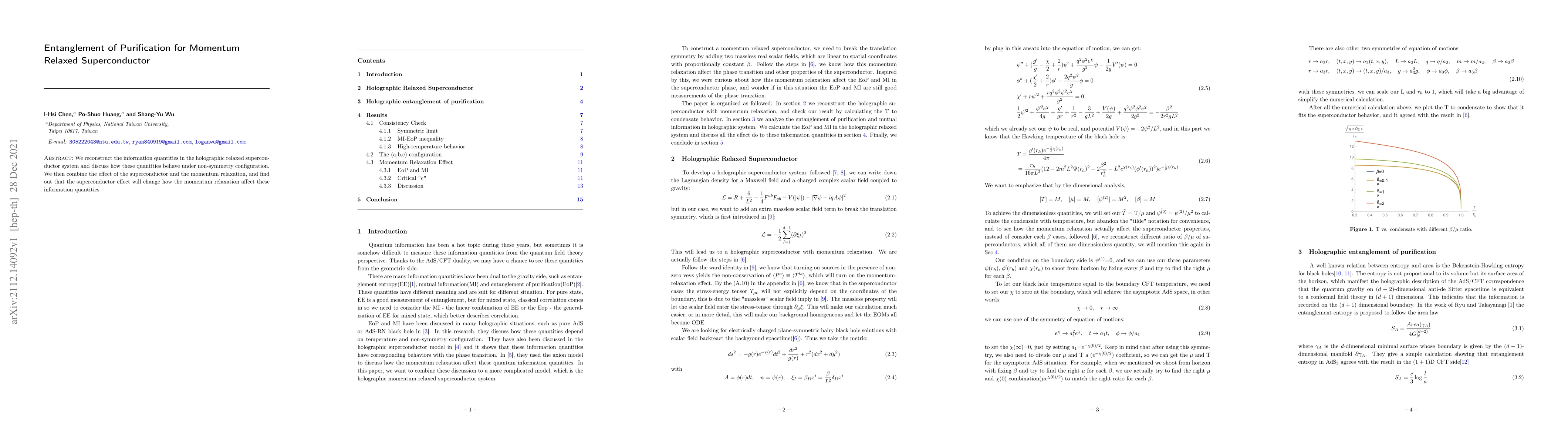 Thumbnail for Entanglement of Purification for Momentum Relaxed Superconductor