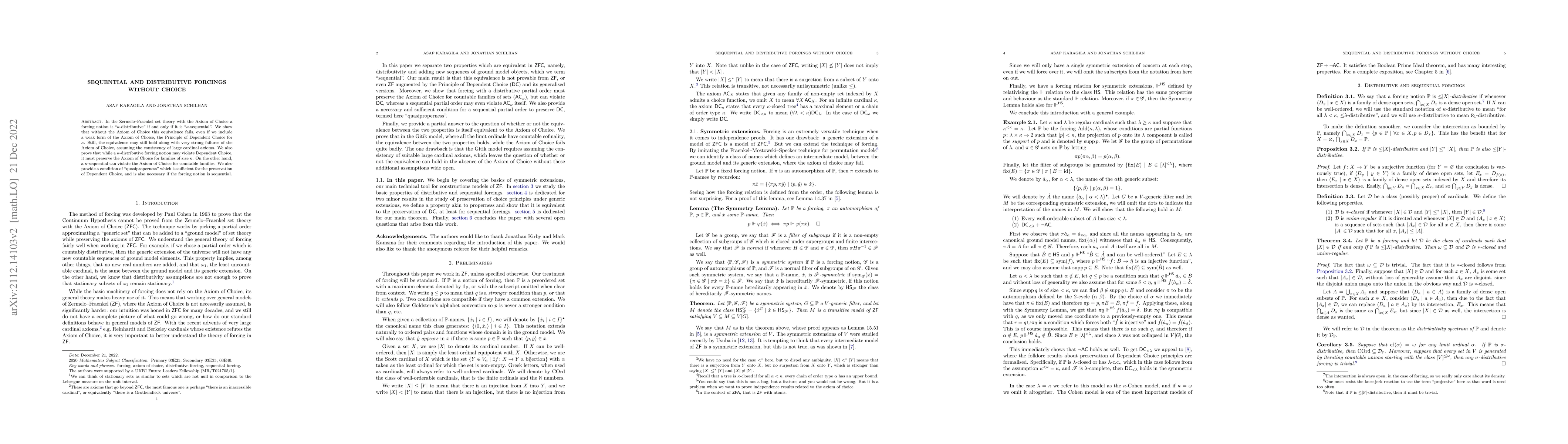 Thumbnail for Sequential and distributive forcings without choice