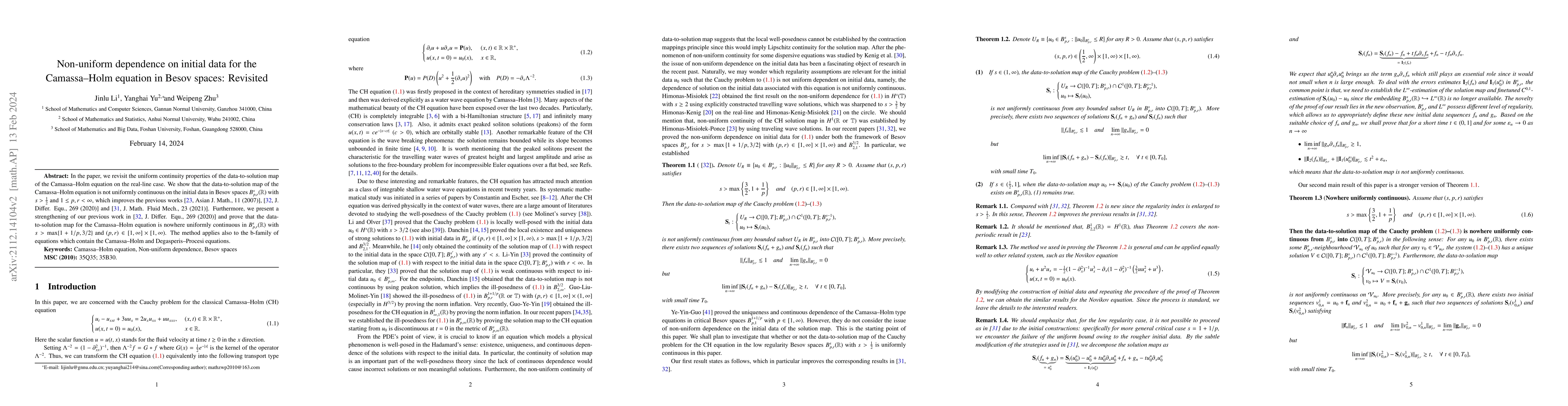 Thumbnail for Non-uniform dependence on initial data for the Camassa--Holm equation in
  Besov spaces: Revisited