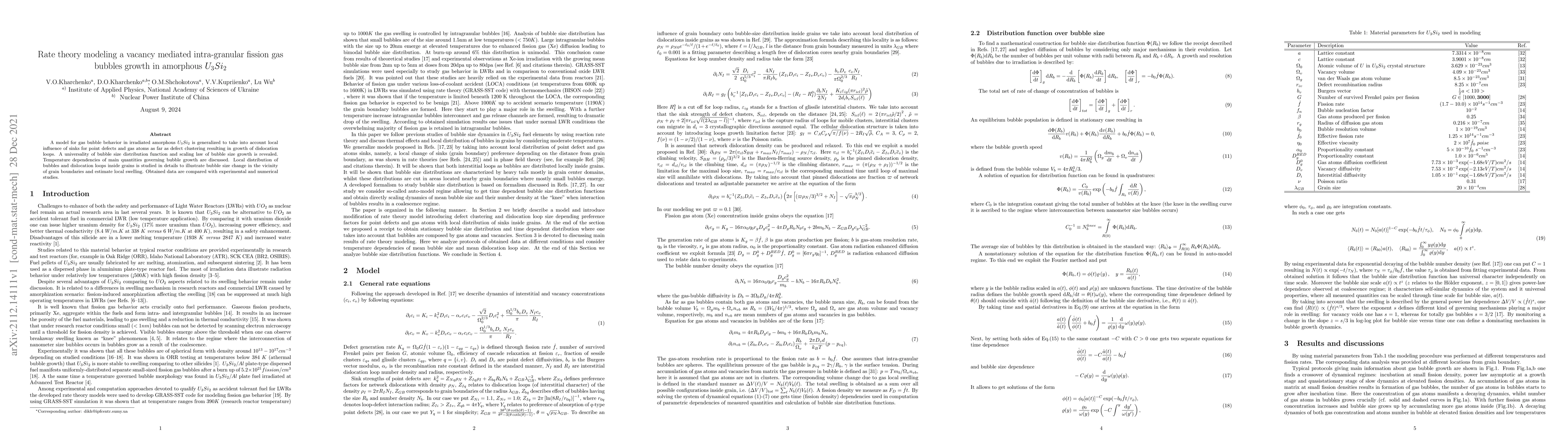 Thumbnail for Rate theory modeling a vacancy mediated intra-granular fission gas
  bubbles growth in amorphous $U_3Si_2$