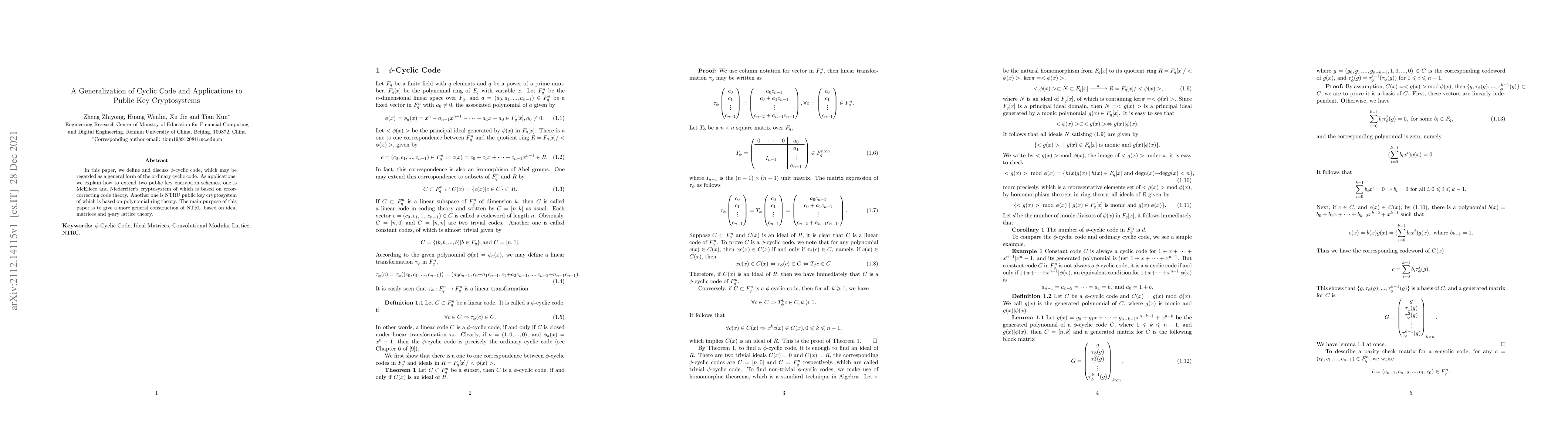 Thumbnail for A Generalization of Cyclic Code and Applications to Public Key
  Cryptosystems