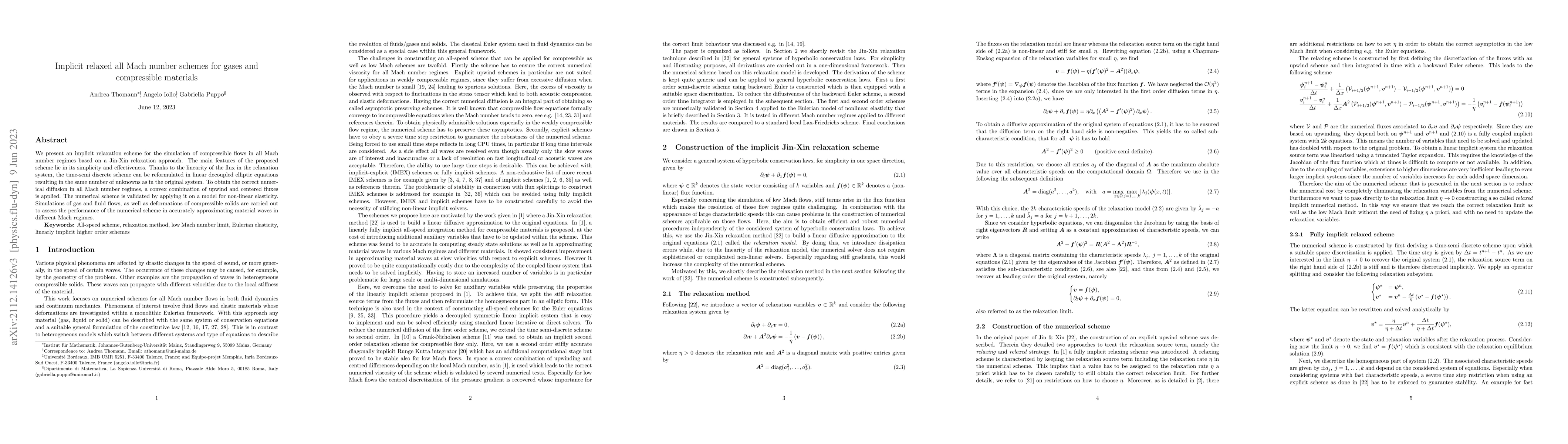 Thumbnail for Implicit relaxed all Mach number schemes for gases and compressible
  materials