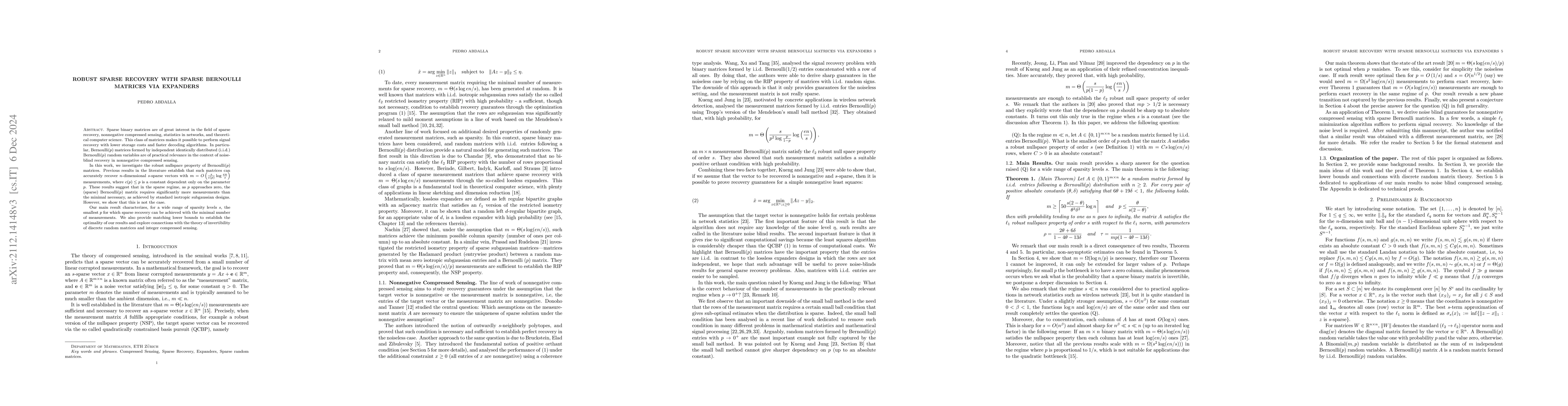 Thumbnail for Robust Sparse Recovery with Sparse Bernoulli matrices via Expanders