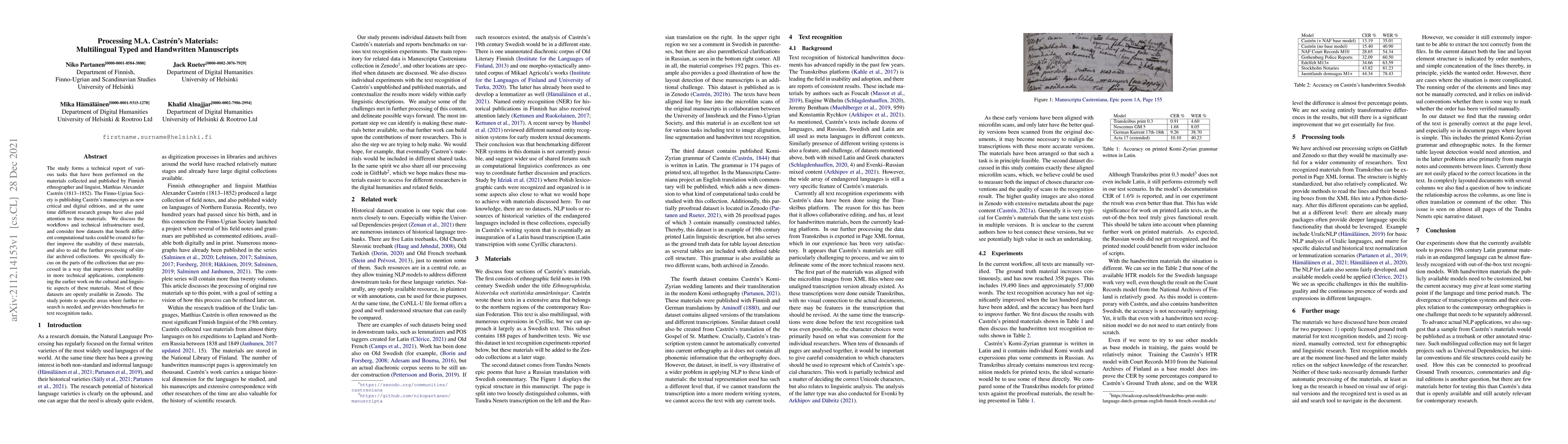 Thumbnail for Processing M.A. Castr\'en's Materials: Multilingual Typed and
  Handwritten Manuscripts