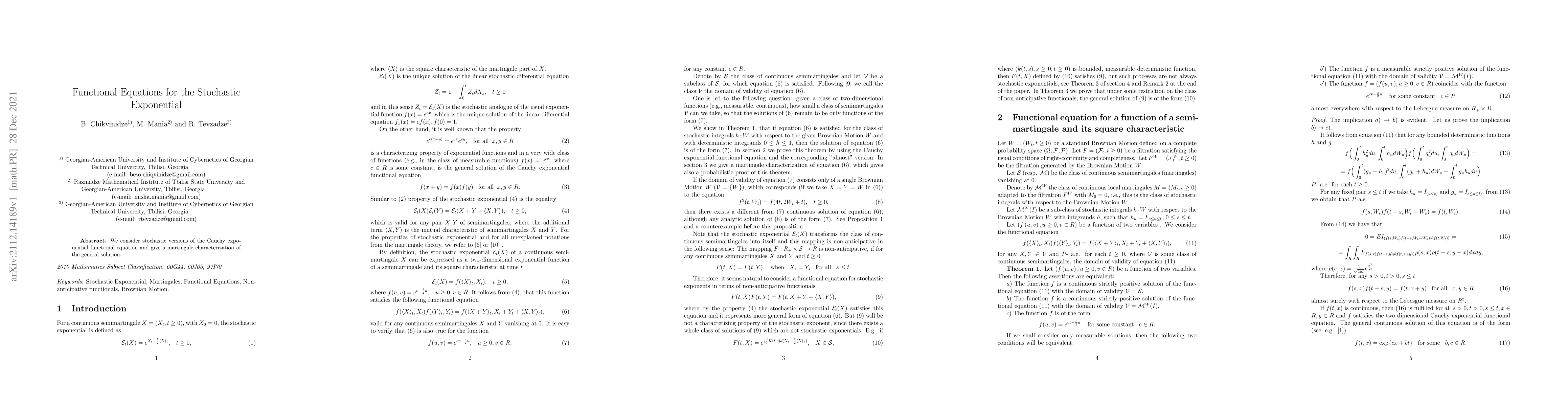 Thumbnail for Functional Equations for the Stochastic Exponential