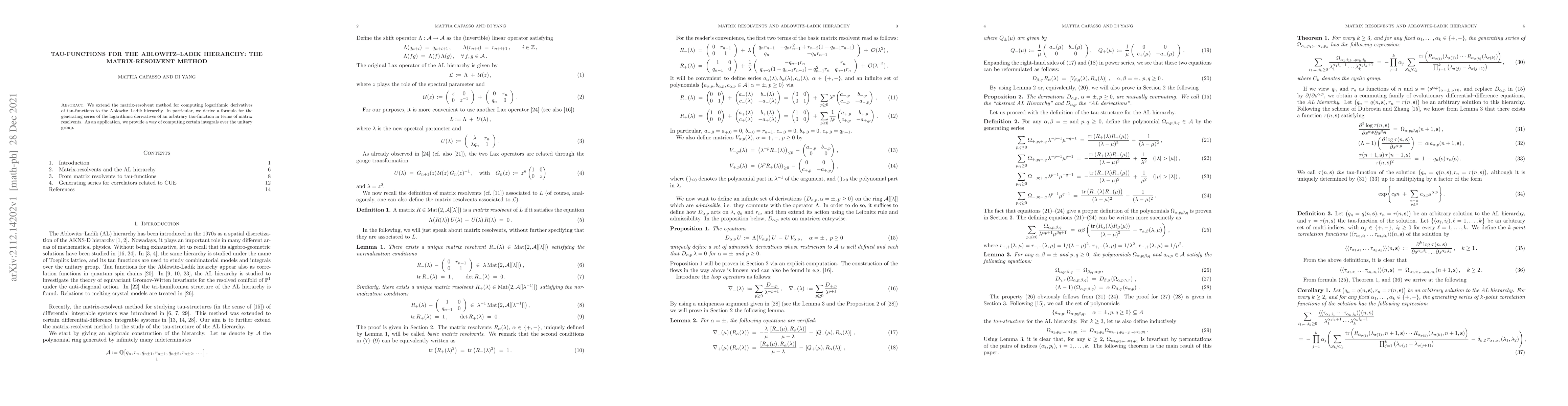 Thumbnail for Tau-functions for the Ablowitz--Ladik hierarchy: the matrix-resolvent
  method