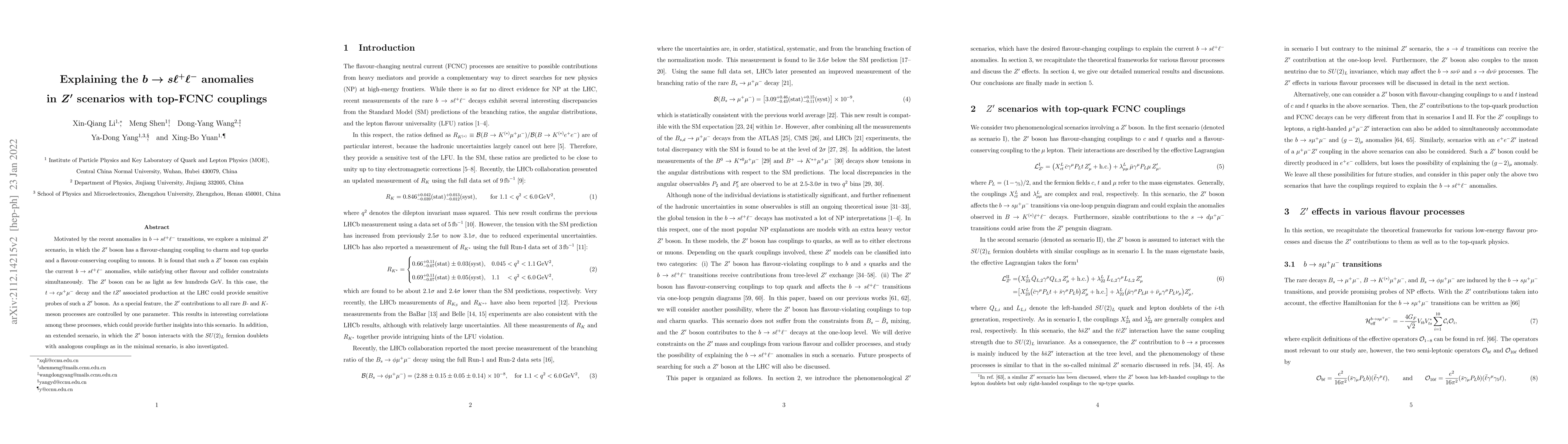 Thumbnail for Explaining the $b \to s \ell^+ \ell^-$ anomalies in $Z^\prime$ scenarios
  with top-FCNC couplings