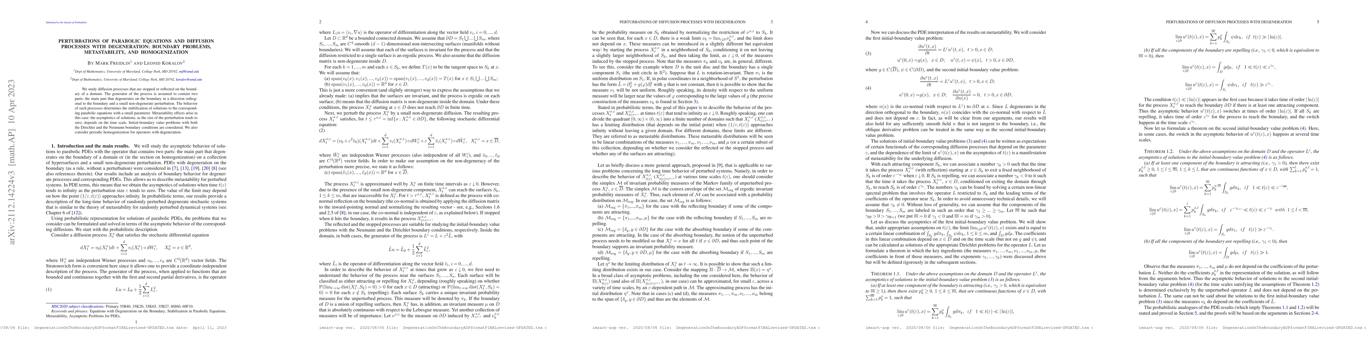 Thumbnail for Perturbations of Parabolic Equations and Diffusion Processes with
  Degeneration: Boundary Problems, Metastability, and Homogenization