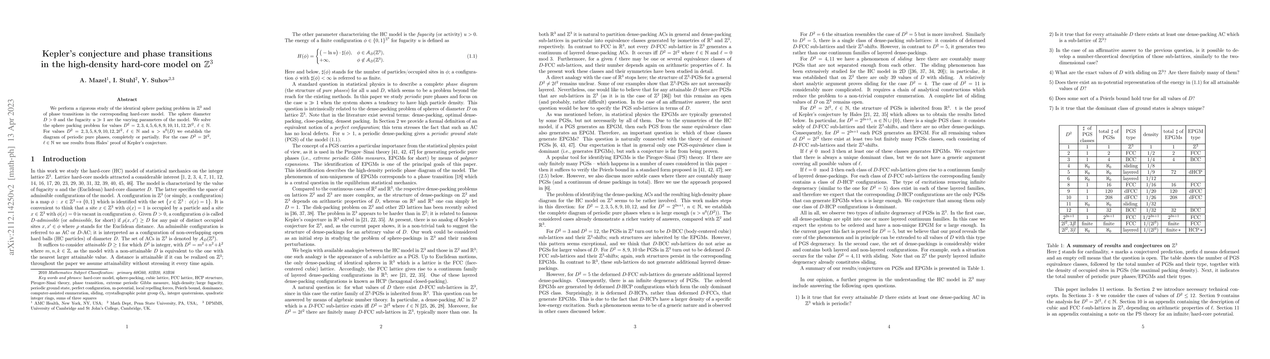 Thumbnail for Kepler's conjecture and phase transitions in the high-density hard-core
  model on $\mathbb{Z}^3$