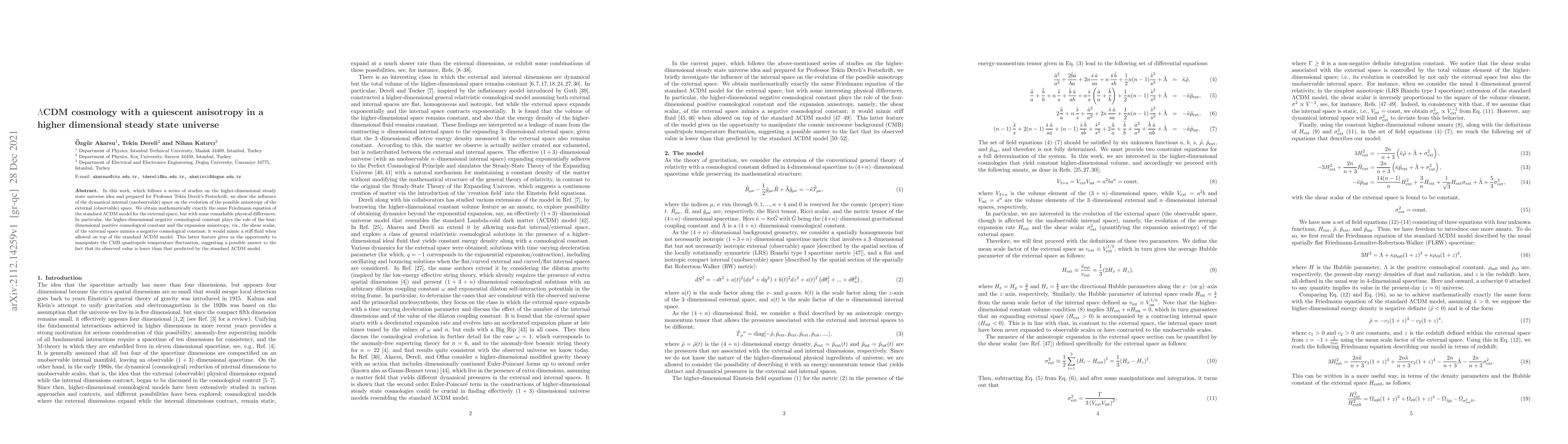 Thumbnail for $\Lambda$CDM cosmology with a quiescent anisotropy in a higher
  dimensional steady state universe