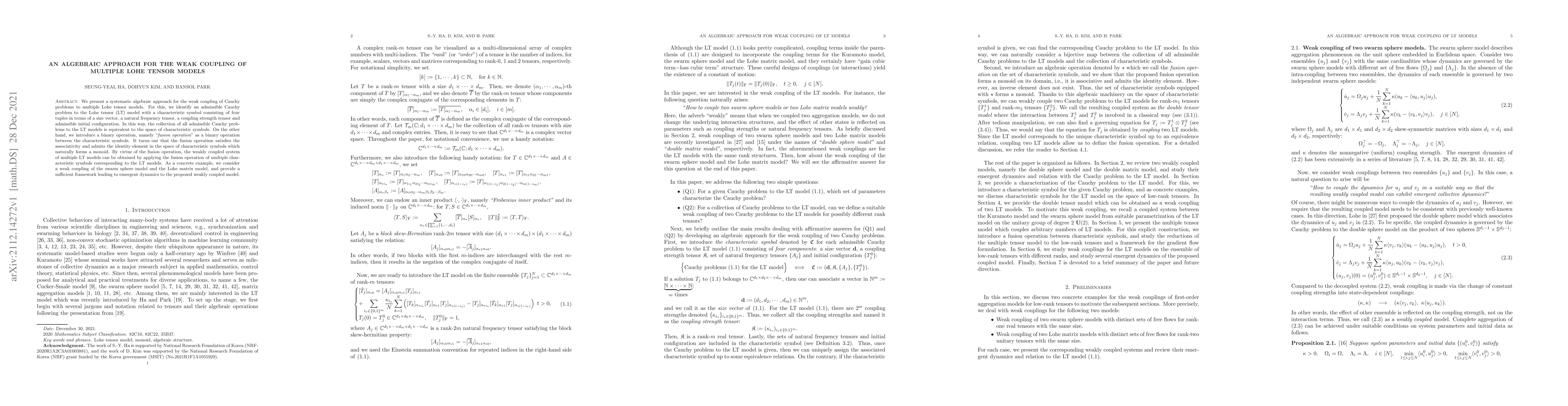 Thumbnail for An algebraic approach for the weak coupling of multiple Lohe tensor
  models