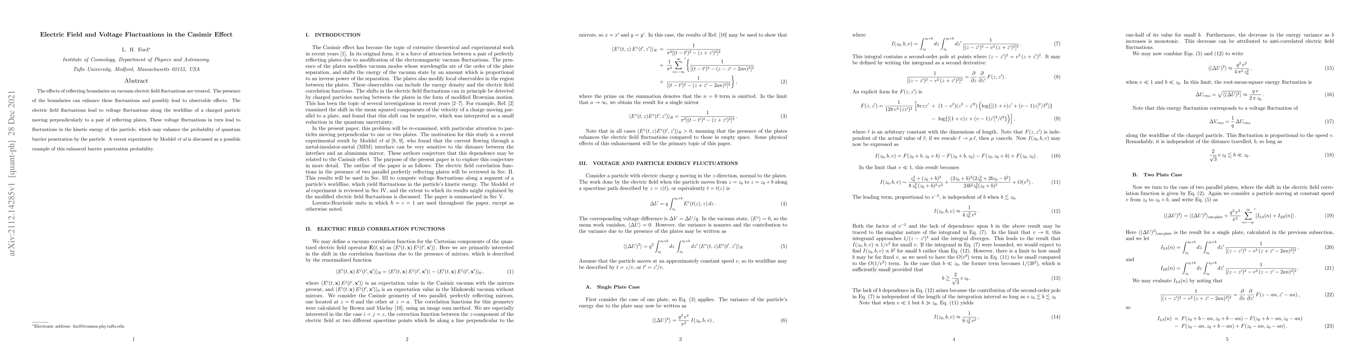 Thumbnail for Electric Field and Voltage Fluctuations in the Casimir Effect