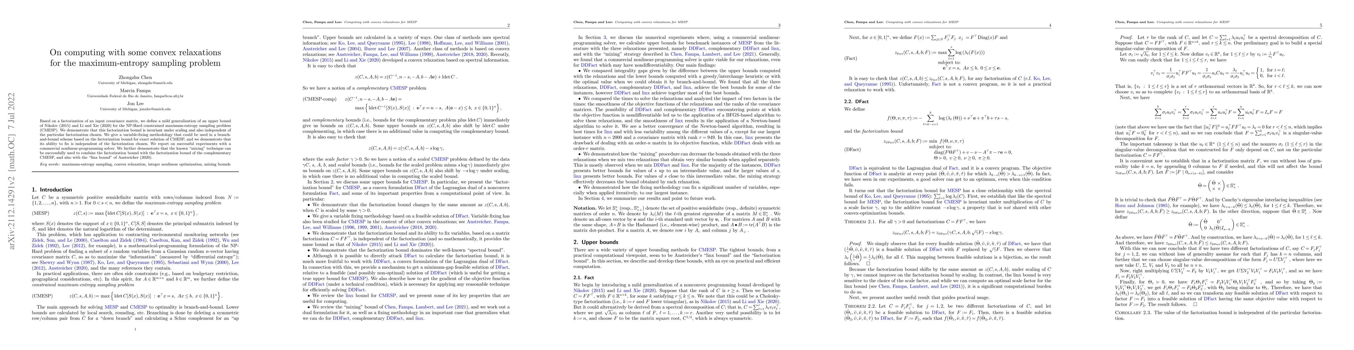 Thumbnail for On computing with some convex relaxations for the maximum-entropy
  sampling problem
