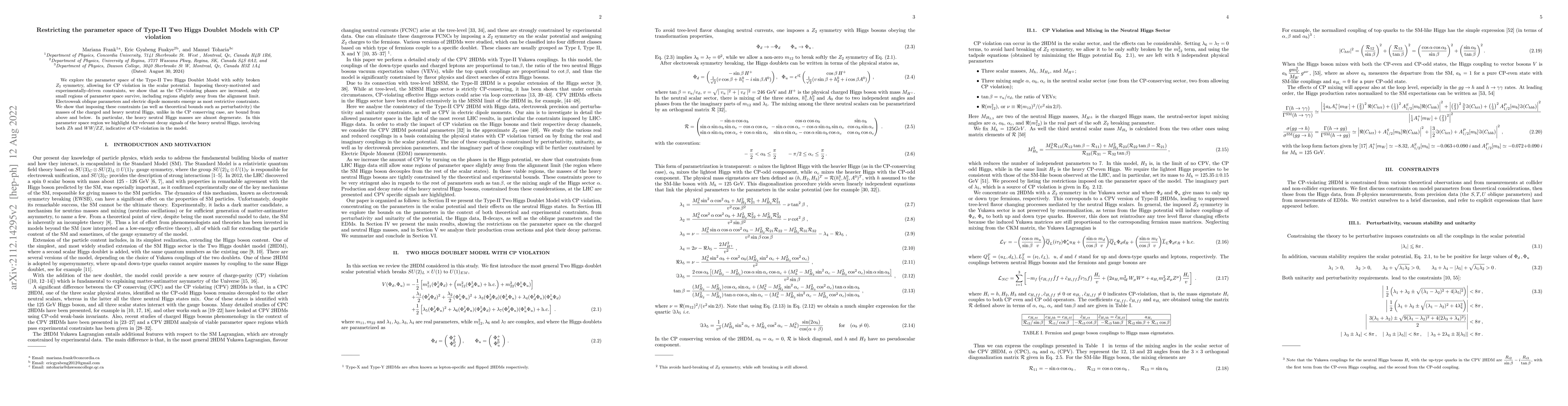 Thumbnail for Restricting the parameter space of Type-II Two Higgs Doublet Models with
  CP violation