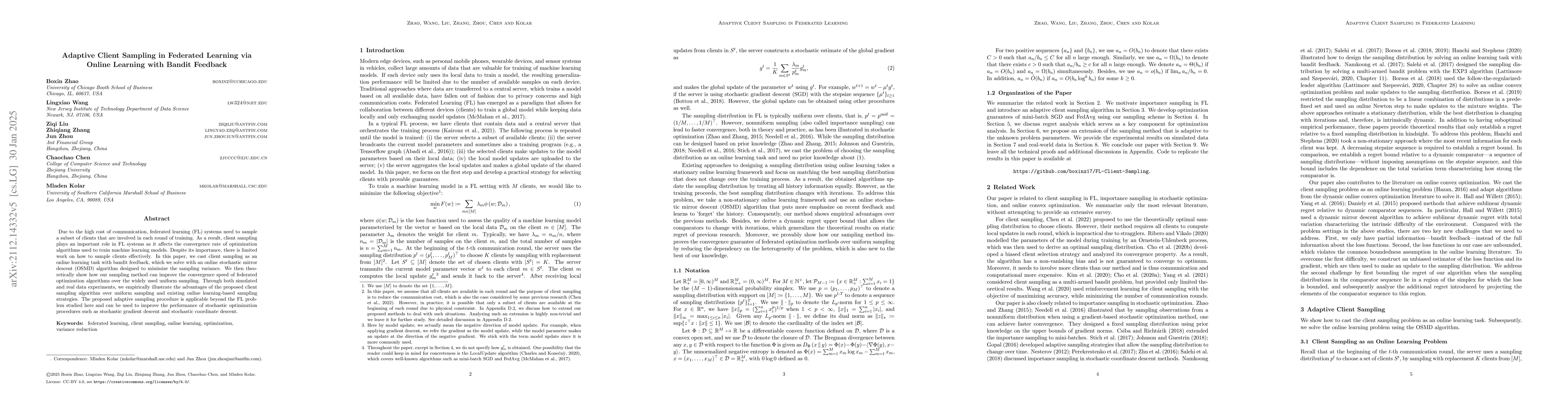 Thumbnail for Adaptive Client Sampling in Federated Learning via Online Learning with
  Bandit Feedback