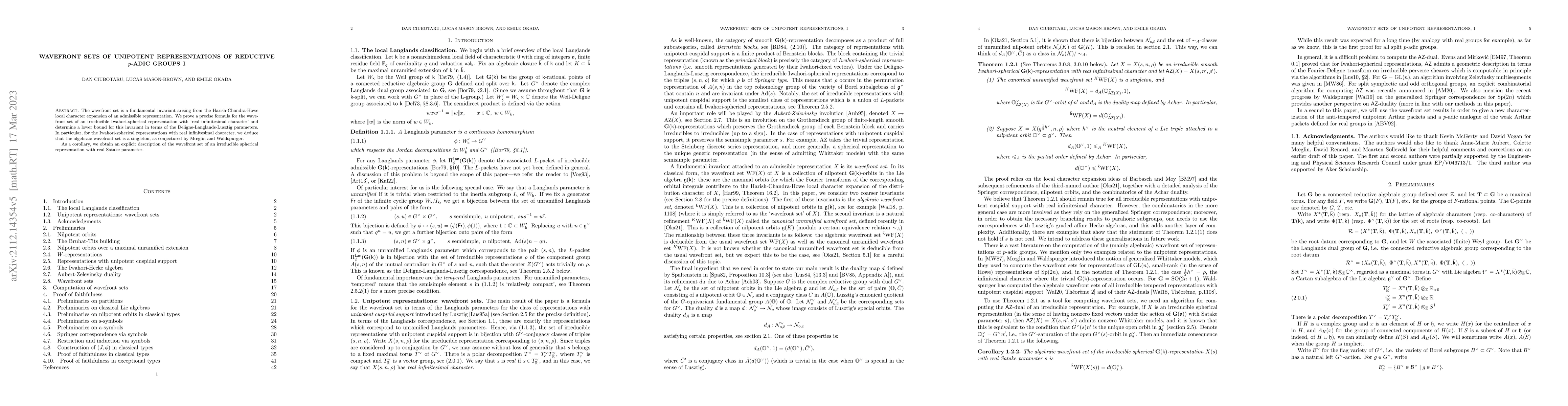 Thumbnail for Wavefront Sets of Unipotent Representations of Reductive $p$-adic Groups
  I