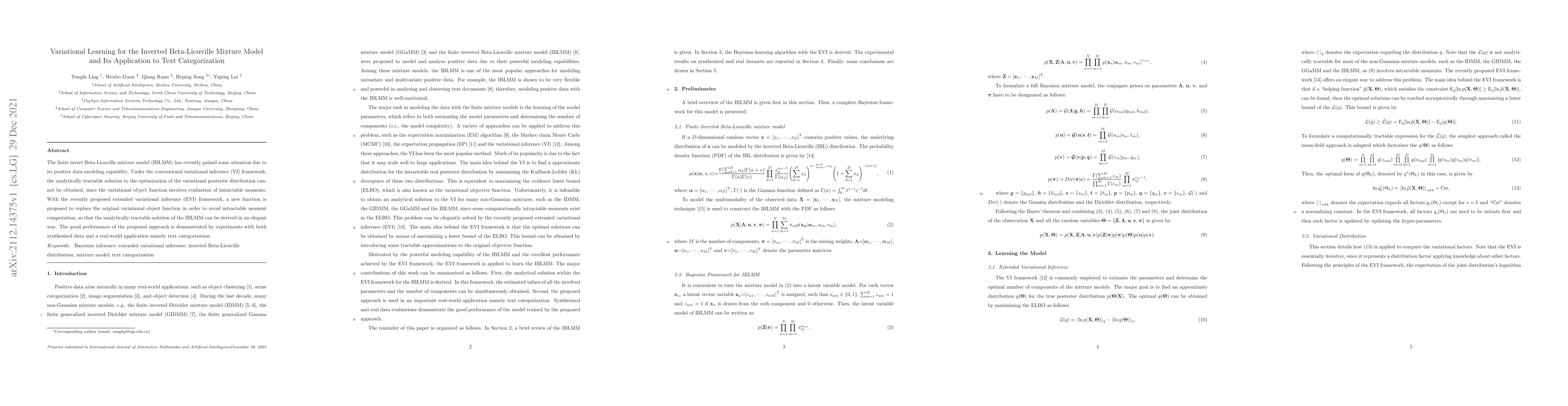 Thumbnail for Variational Learning for the Inverted Beta-Liouville Mixture Model and
  Its Application to Text Categorization