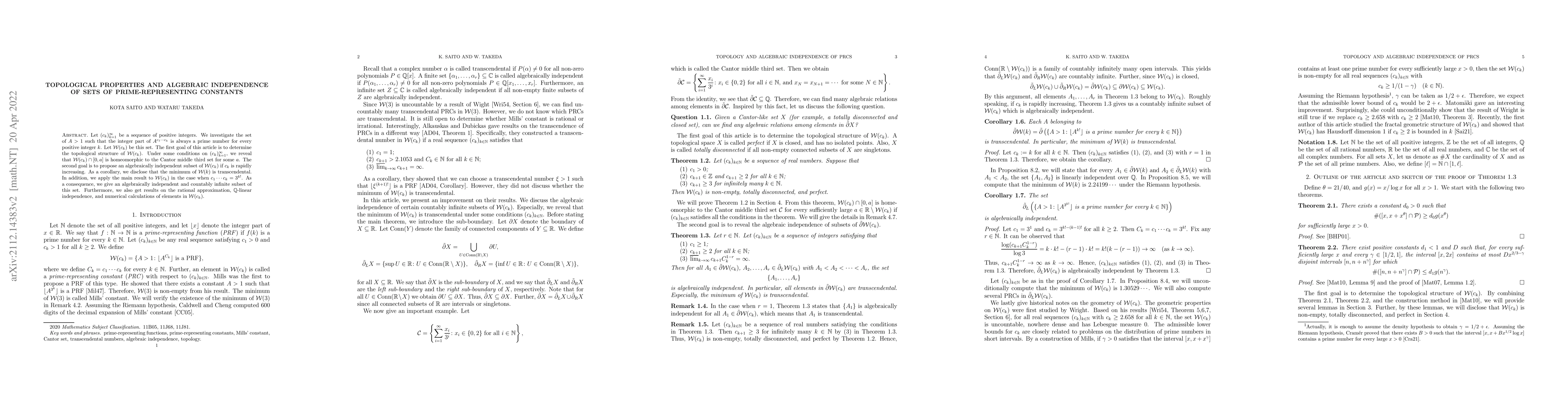 Thumbnail for Topological properties and algebraic independence of sets of
  prime-representing constants