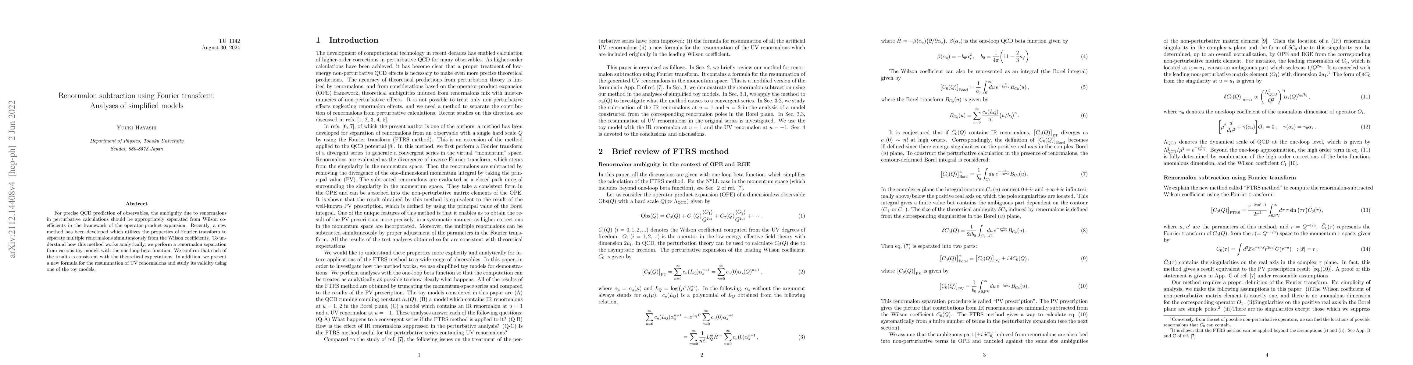 Thumbnail for Renormalon subtraction using Fourier transform: Analyses of simplified
  models