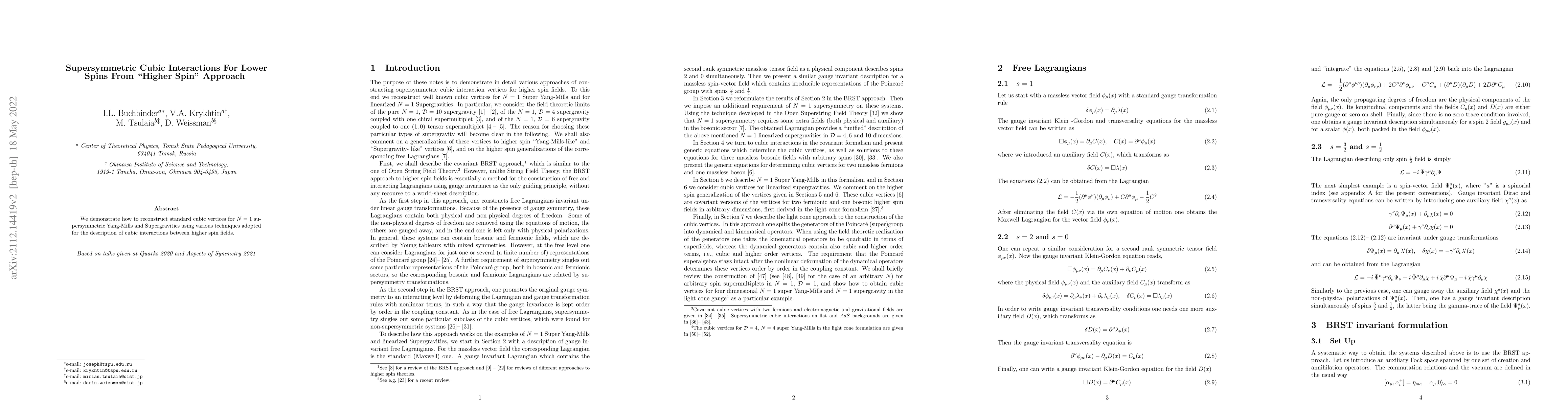 Thumbnail for Supersymmetric Cubic Interactions For Lower Spins From "Higher Spin"
  Approach