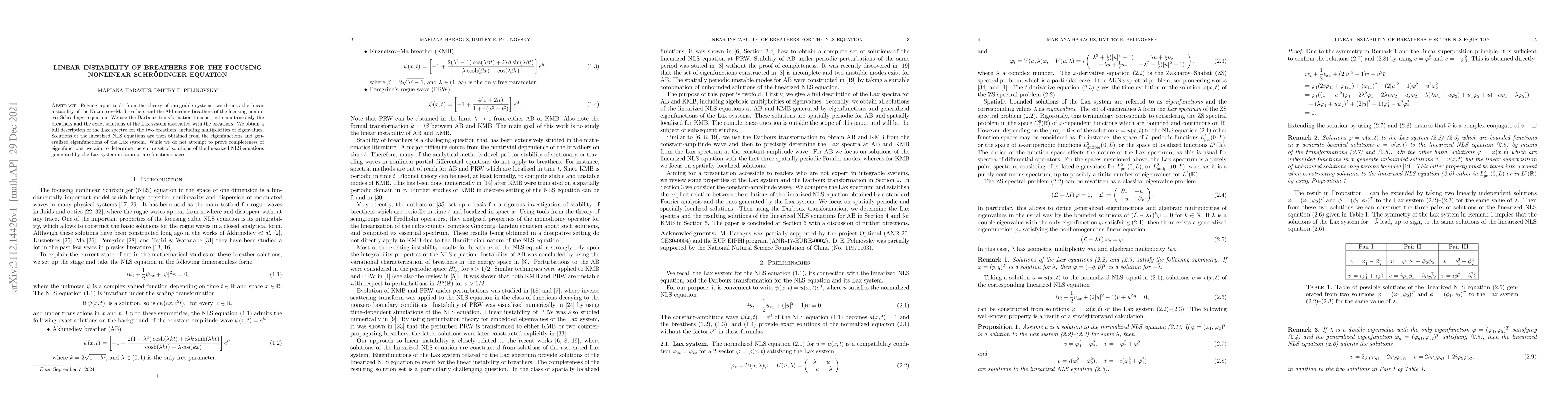 Thumbnail for Linear instability of breathers for the focusing nonlinear
  Schr{\"o}dinger equation