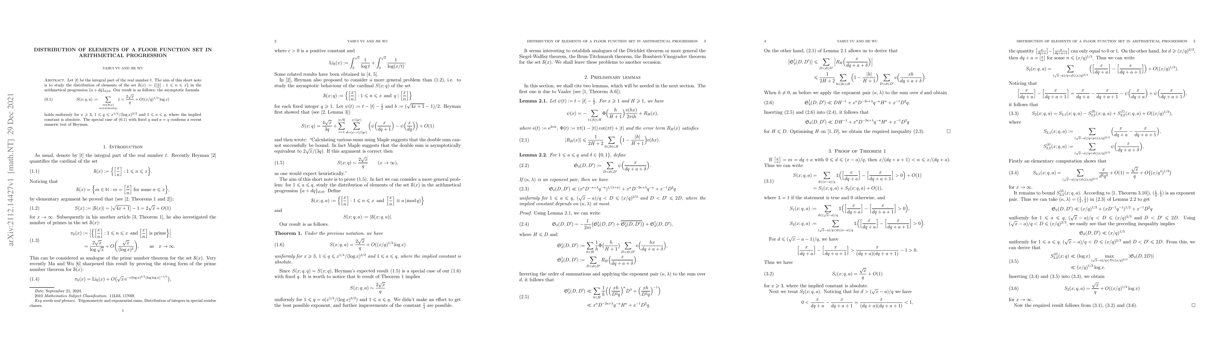Thumbnail for Distribution of elements of a floor function set in arithmetical
  progression