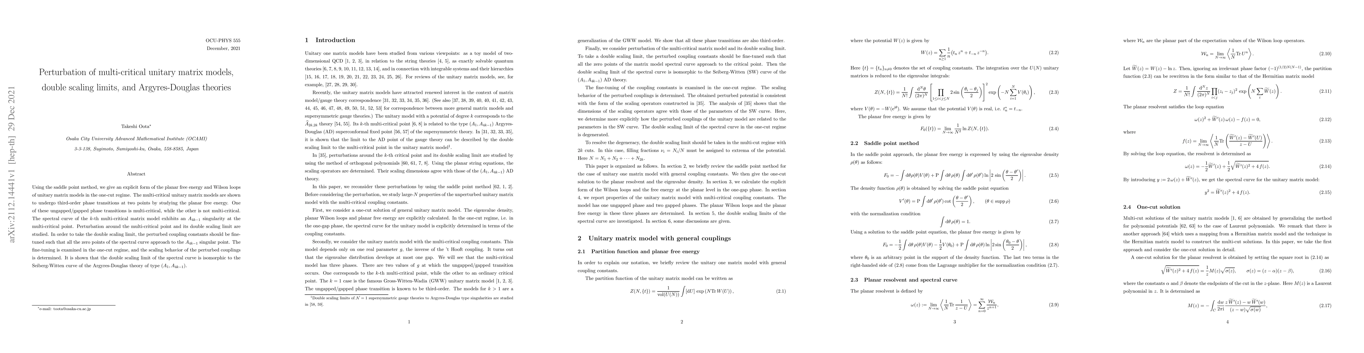 Thumbnail for Perturbation of multi-critical unitary matrix models, double scaling
  limits, and Argyres-Douglas theories