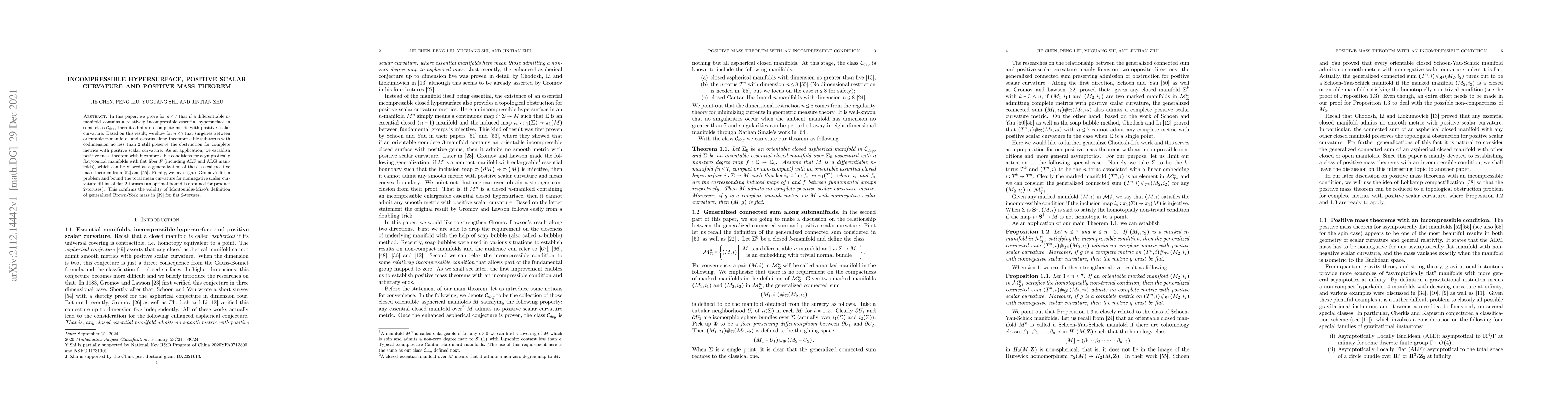 Thumbnail for Incompressible hypersurface, positive scalar curvature and positive mass
  theorem