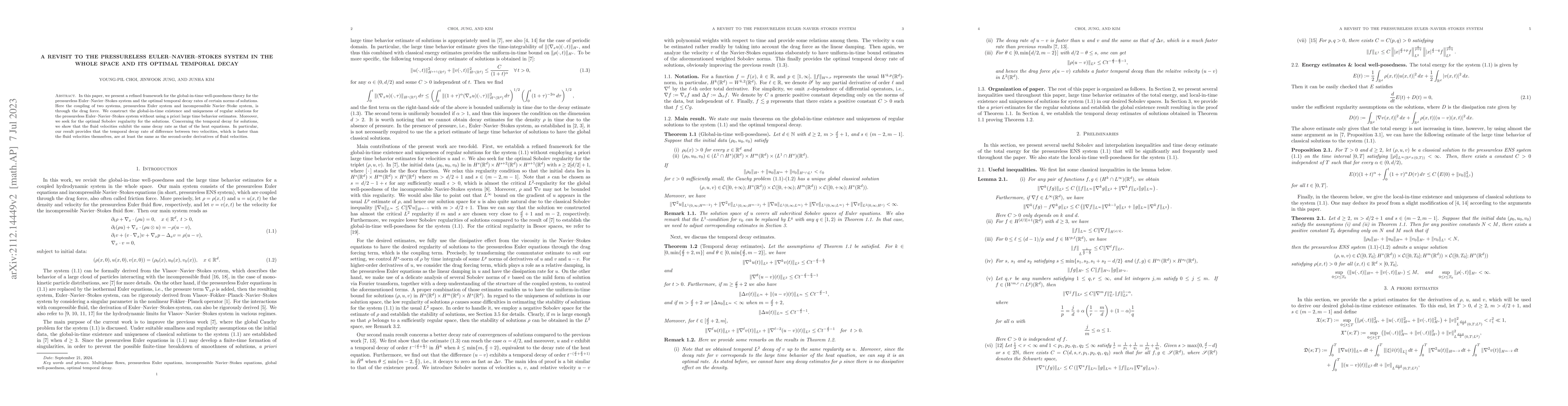 Thumbnail for A revisit to the pressureless Euler--Navier--Stokes system in the whole
  space and its optimal temporal decay