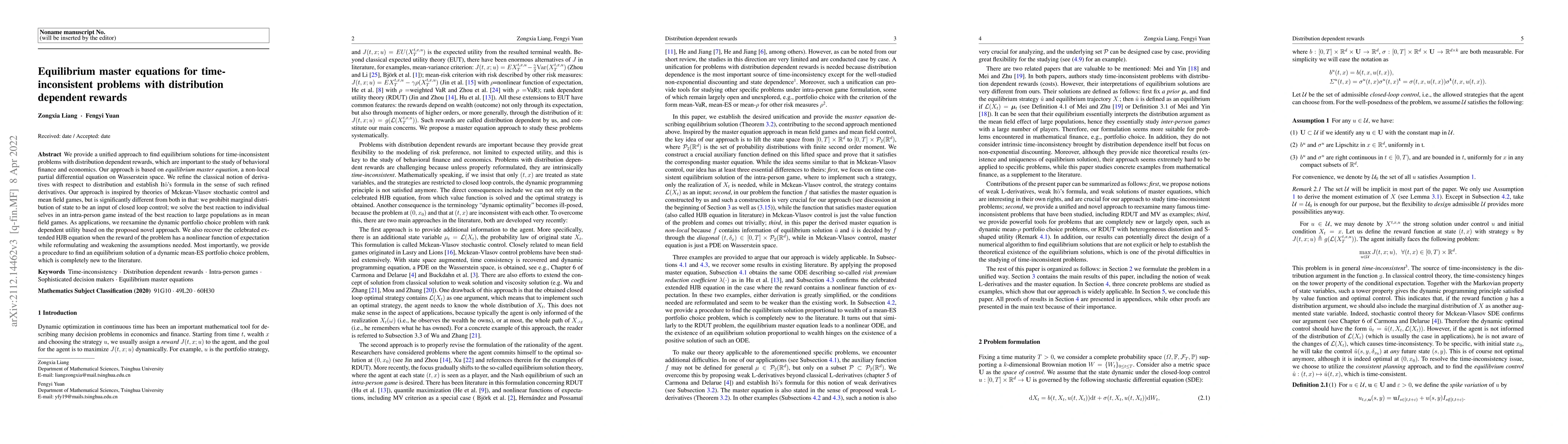 Thumbnail for Equilibrium master equations for time-inconsistent problems with
  distribution dependent rewards