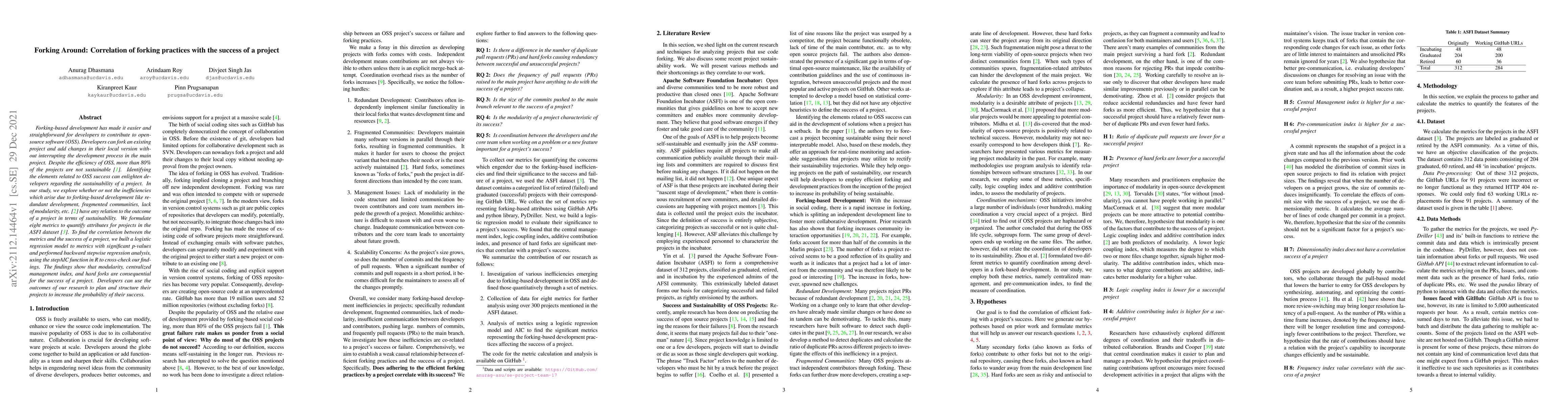 Thumbnail for Forking Around: Correlation of forking practices with the success of a
  project