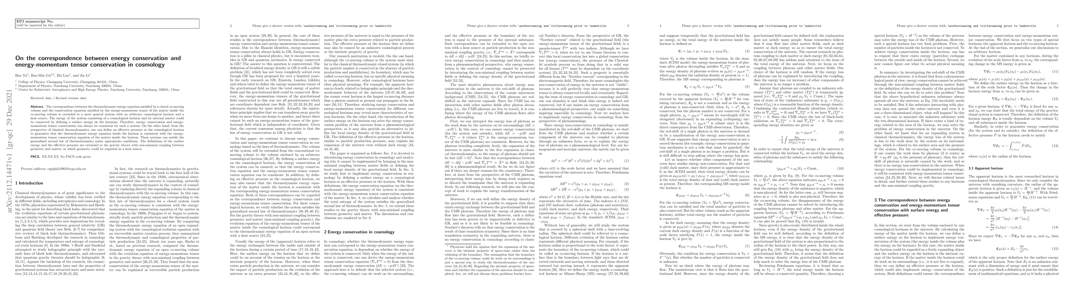 Thumbnail for On the correspondence between energy conservation and energy-momentum
  tensor conservation in cosmology