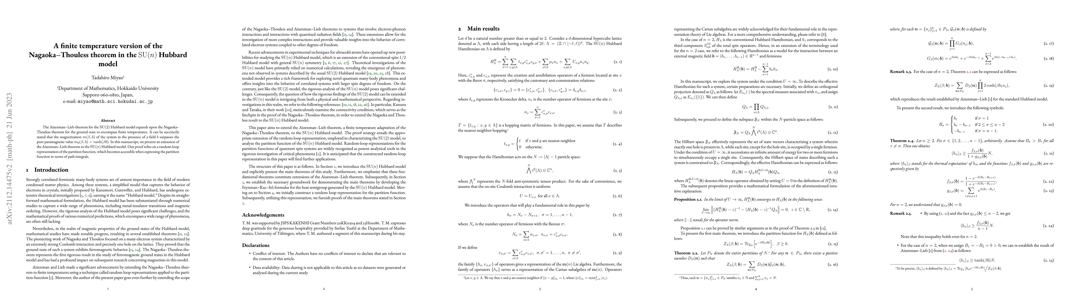 Thumbnail for A finite temperature version of the Nagaoka--Thouless theorem in the
  $\mathrm{SU}(n)$ Hubbard model