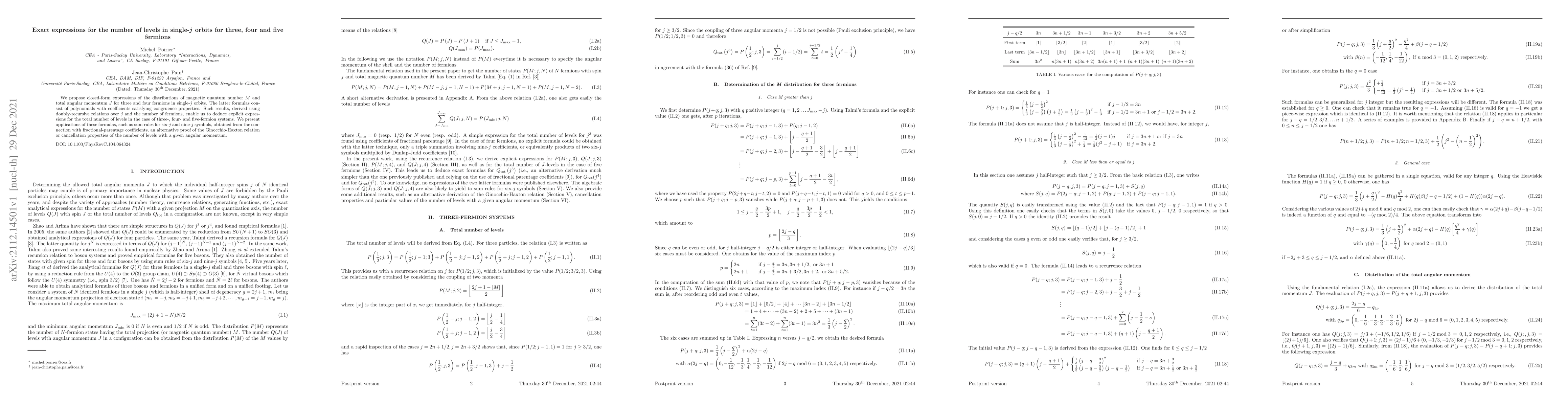 Thumbnail for Exact expressions for the number of levels in single-\textit{j} orbits
  for three, four and five fermions