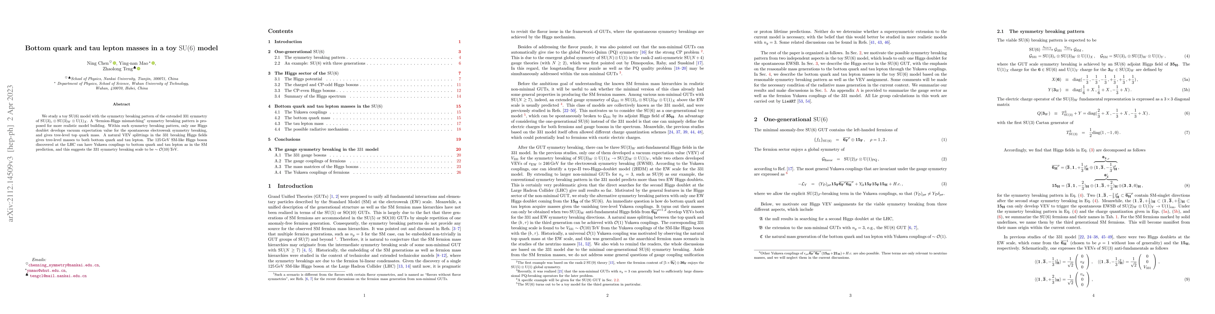 Thumbnail for Bottom quark and tau lepton masses in a toy ${\rm SU}(6)$