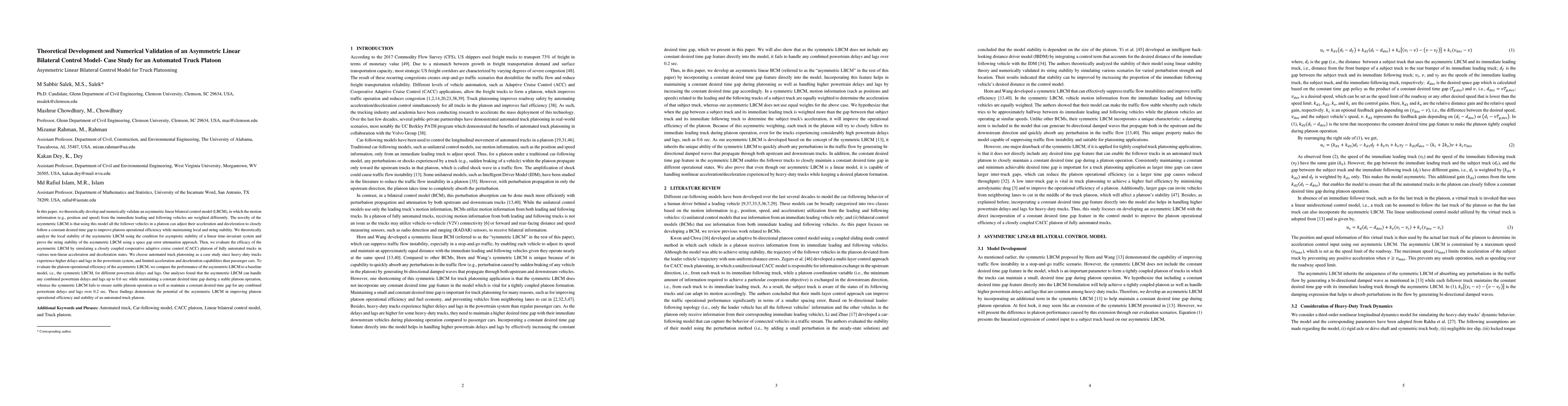 Thumbnail for Theoretical Development and Numerical Validation of an Asymmetric Linear
  Bilateral Control Model- Case Study for an Automated Truck Platoon