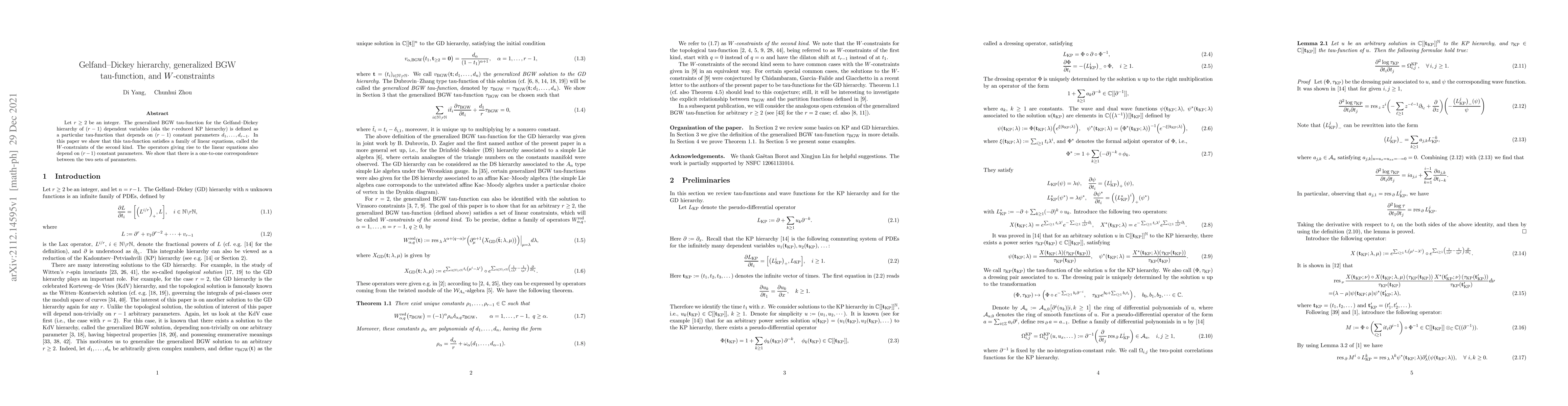 Thumbnail for Gelfand--Dickey hierarchy, generalized BGW tau-function, and
  $W$-constraints