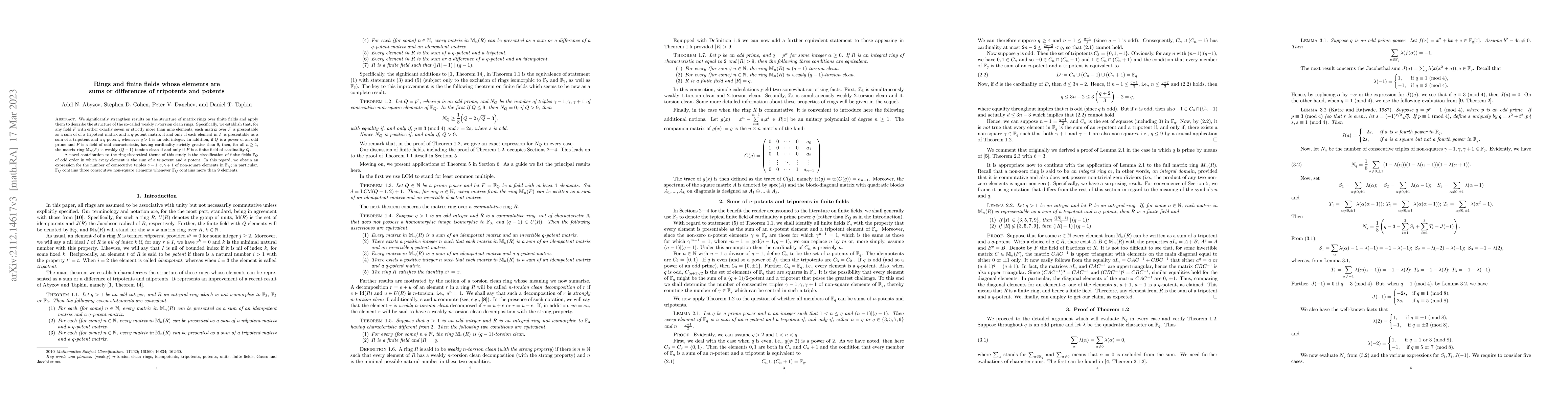 Thumbnail for Rings and finite fields whose elements are sums or differences of
  tripotents and potents