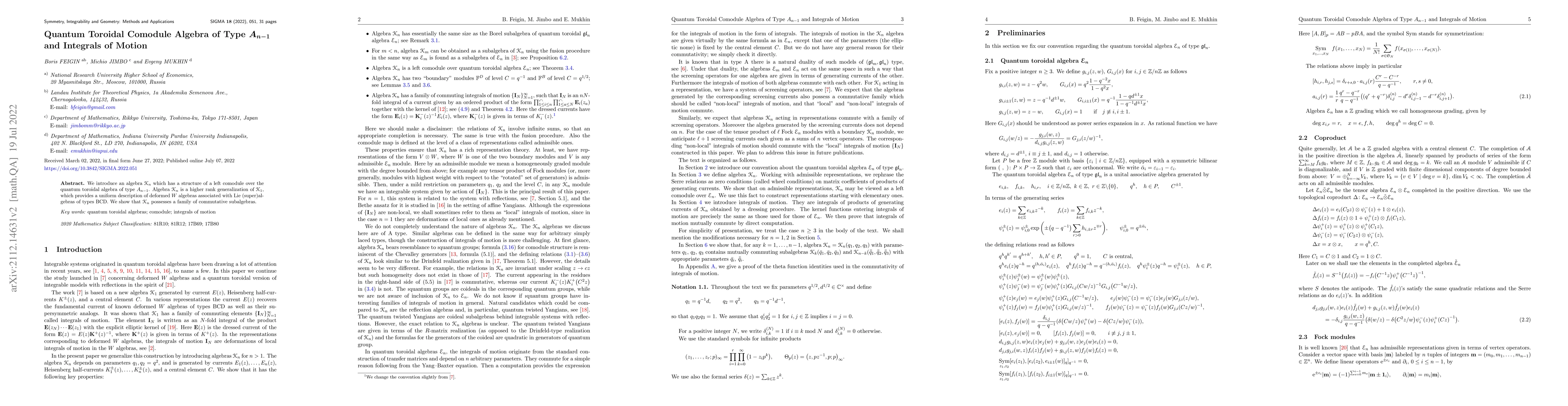 Thumbnail for Quantum Toroidal Comodule Algebra of Type $A_{n-1}$ and Integrals of
  Motion