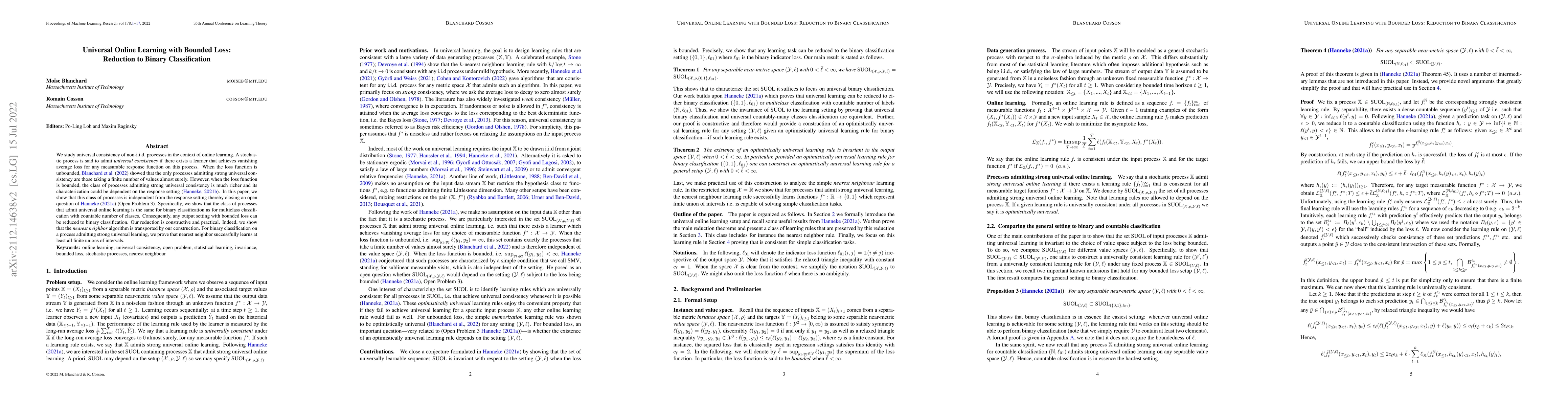 Thumbnail for Universal Online Learning with Bounded Loss: Reduction to Binary
  Classification