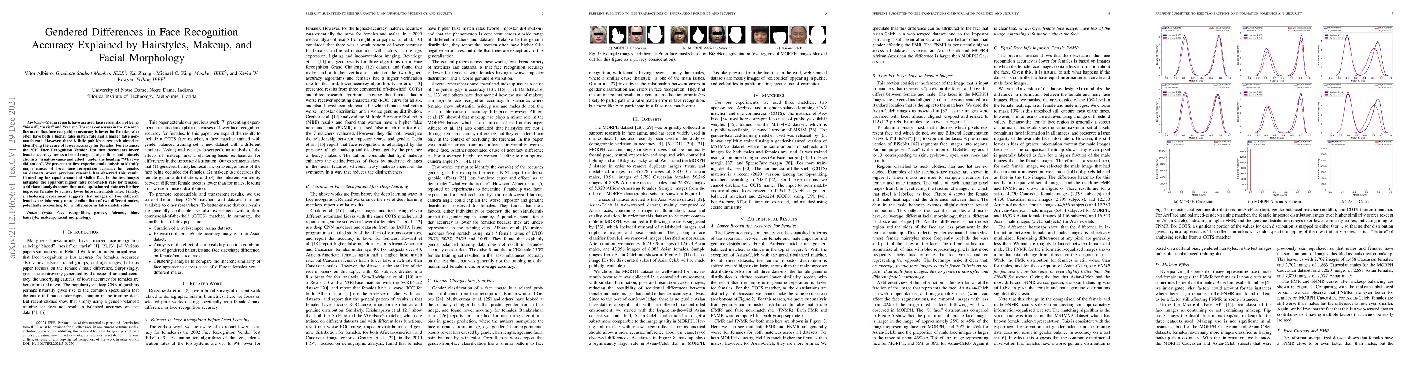 Thumbnail for Gendered Differences in Face Recognition Accuracy Explained by
  Hairstyles, Makeup, and Facial Morphology