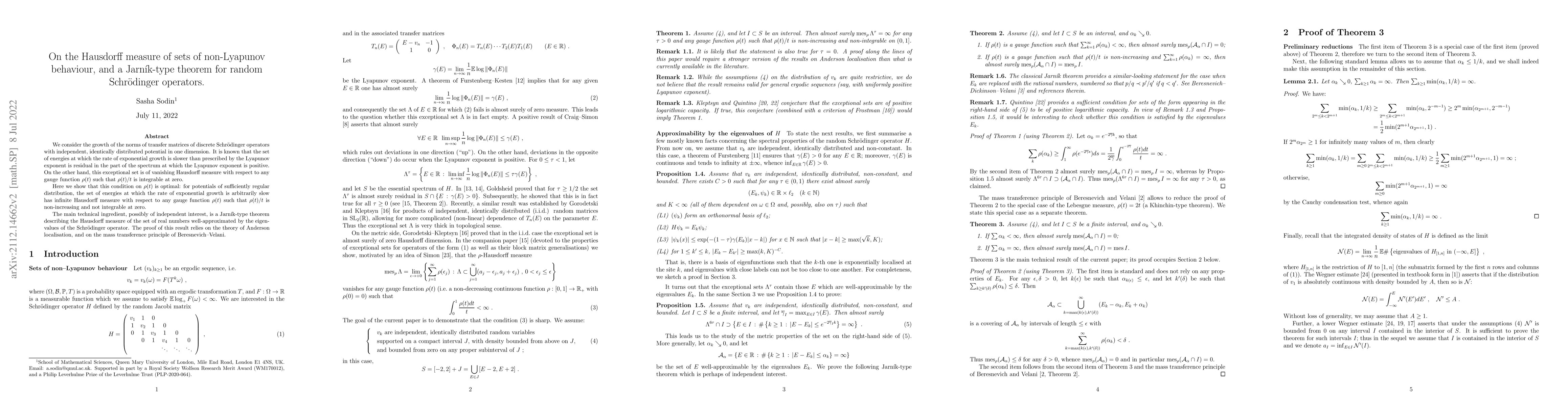 Thumbnail for On the Hausdorff measure of sets of non-Lyapunov behaviour, and a
  Jarnik-type theorem for random Schroedinger operators
